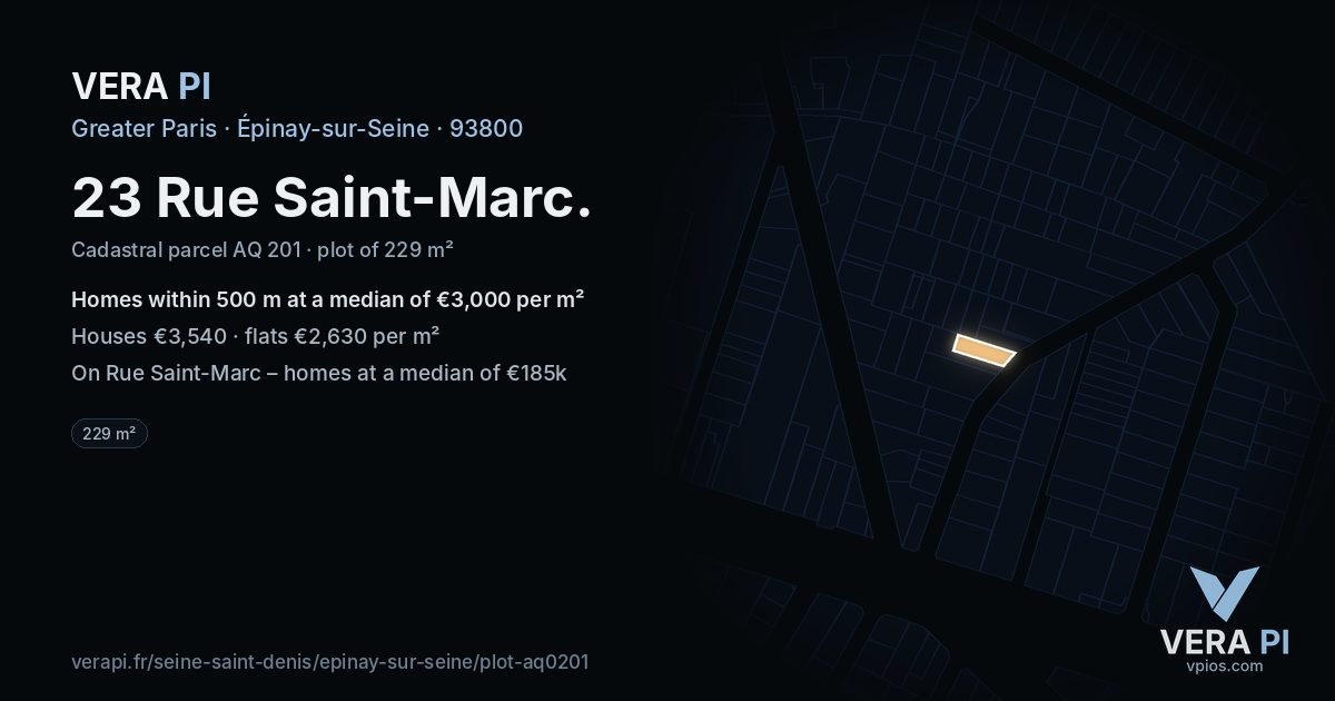 23 Rue Saint-Marc, Épinay-sur-Seine at night – the plot lit, the parcels around coloured by the prices near them