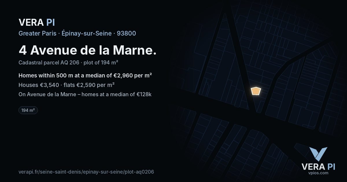 4 Avenue de la Marne, Épinay-sur-Seine at night – the plot lit, the parcels around coloured by the prices near them