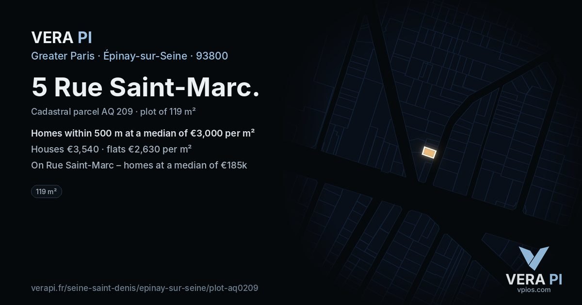 5 Rue Saint-Marc, Épinay-sur-Seine at night – the plot lit, the parcels around coloured by the prices near them