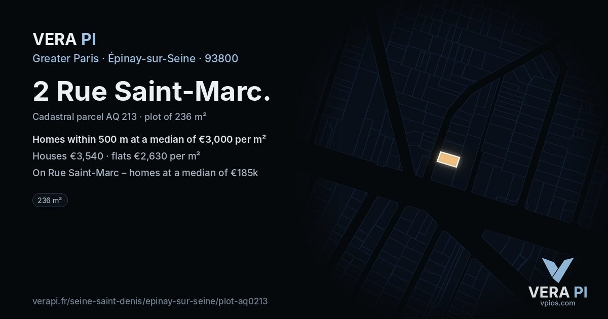 2 Rue Saint-Marc, Épinay-sur-Seine at night – the plot lit, the parcels around coloured by the prices near them