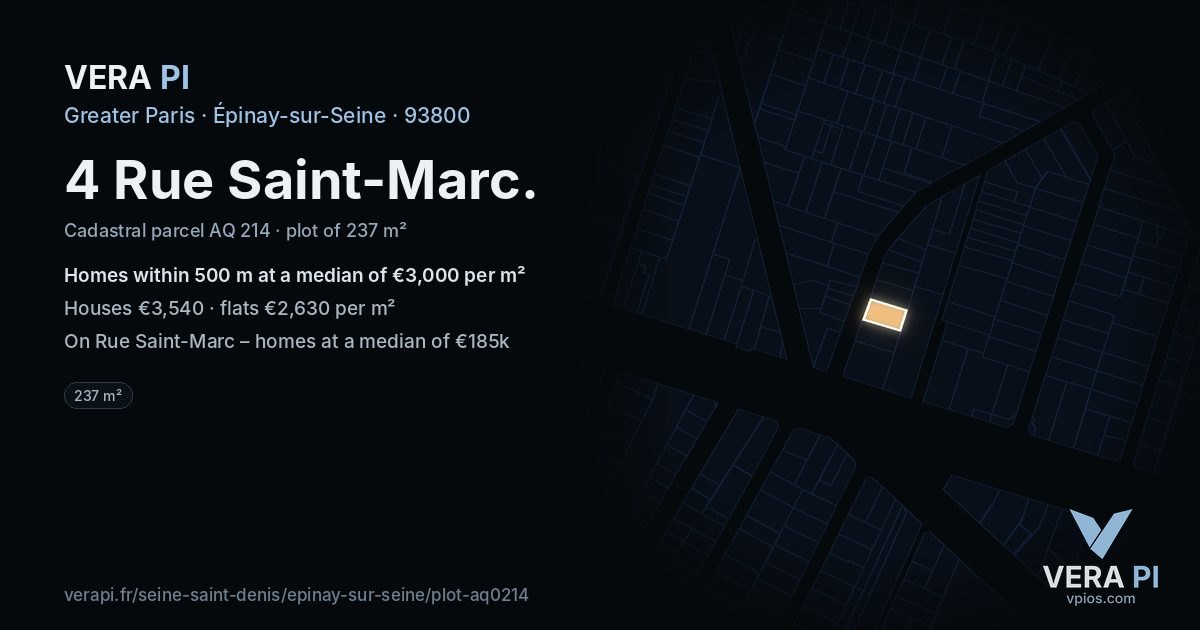 4 Rue Saint-Marc, Épinay-sur-Seine at night – the plot lit, the parcels around coloured by the prices near them