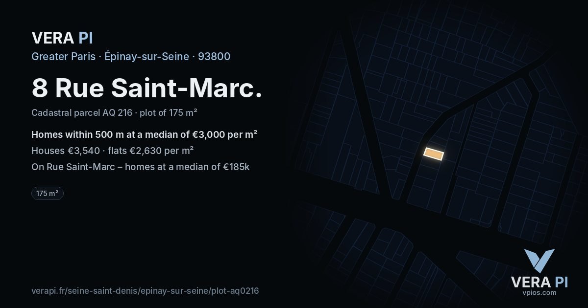 8 Rue Saint-Marc, Épinay-sur-Seine at night – the plot lit, the parcels around coloured by the prices near them