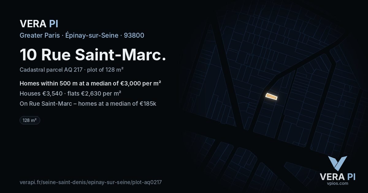 10 Rue Saint-Marc, Épinay-sur-Seine at night – the plot lit, the parcels around coloured by the prices near them