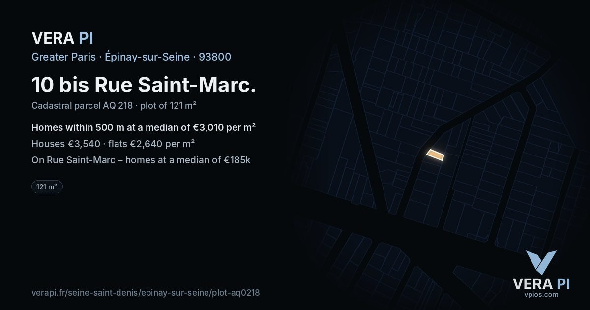 10 bis Rue Saint-Marc, Épinay-sur-Seine at night – the plot lit, the parcels around coloured by the prices near them