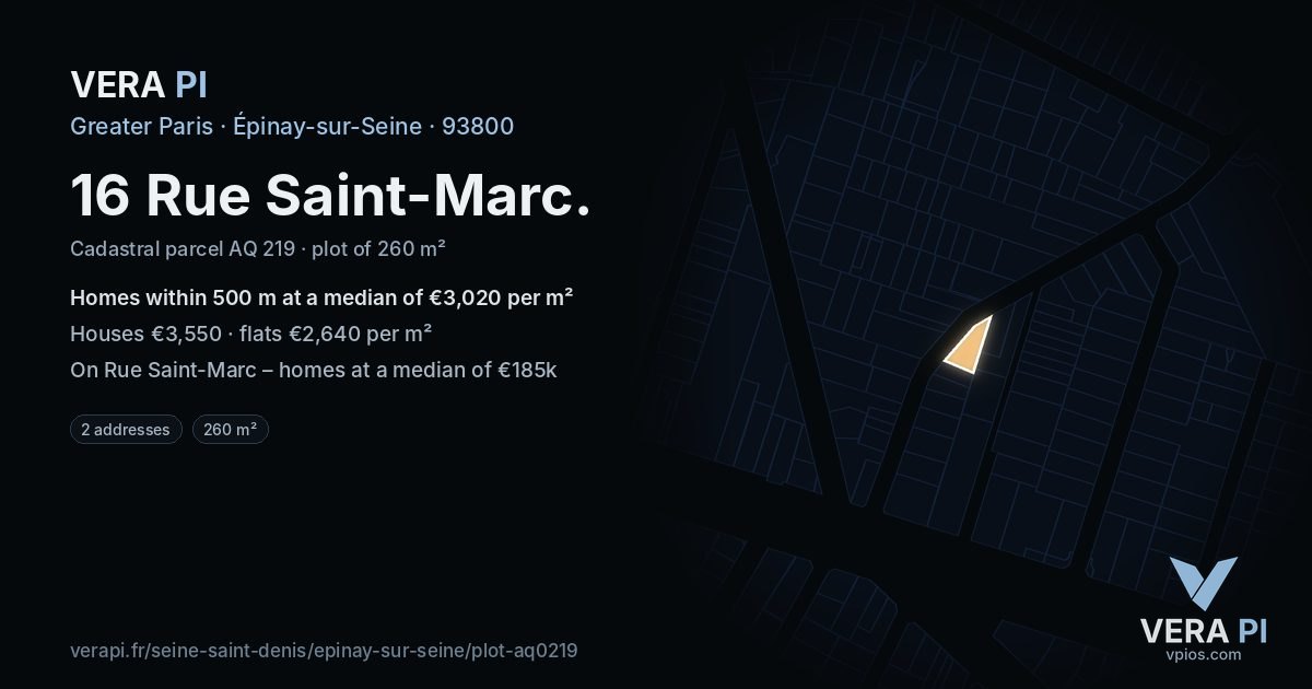 16 Rue Saint-Marc, Épinay-sur-Seine at night – the plot lit, the parcels around coloured by the prices near them