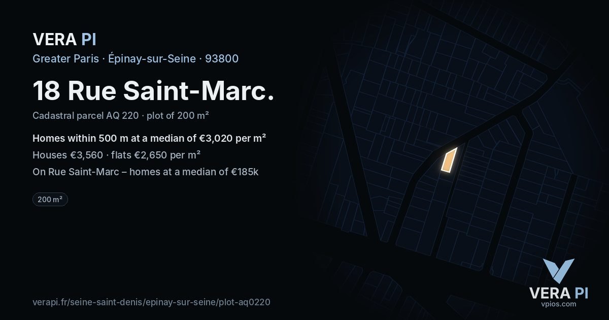 18 Rue Saint-Marc, Épinay-sur-Seine at night – the plot lit, the parcels around coloured by the prices near them