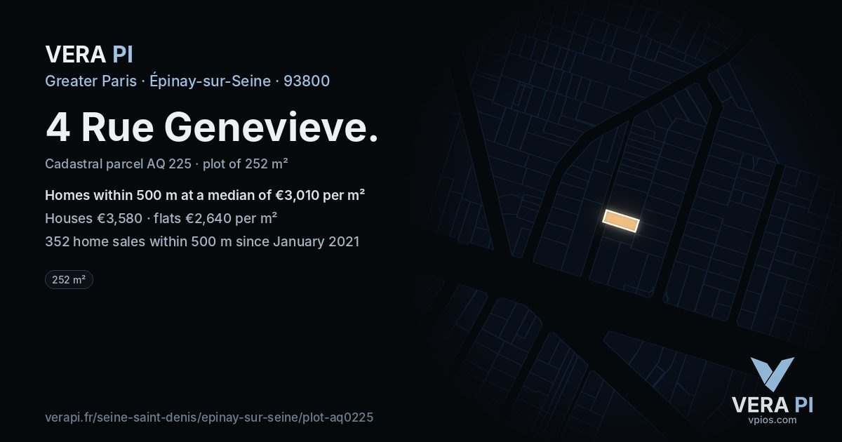 4 Rue Genevieve, Épinay-sur-Seine at night – the plot lit, the parcels around coloured by the prices near them