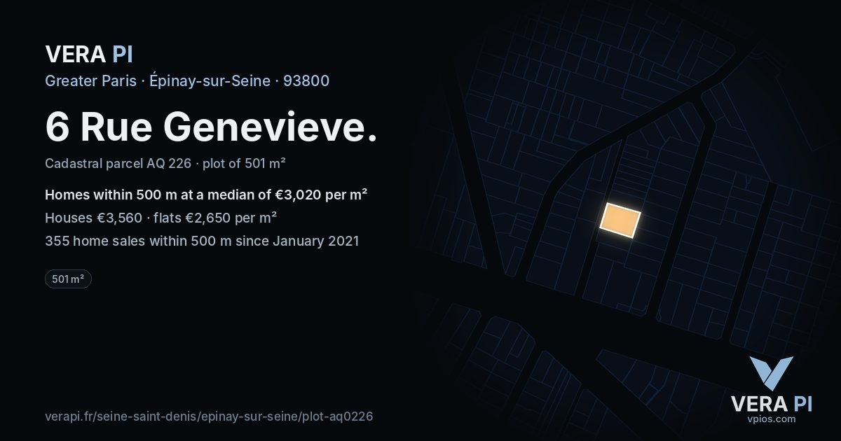 6 Rue Genevieve, Épinay-sur-Seine at night – the plot lit, the parcels around coloured by the prices near them
