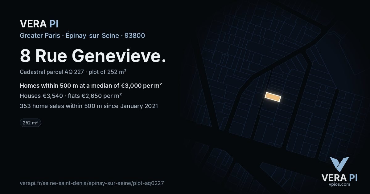8 Rue Genevieve, Épinay-sur-Seine at night – the plot lit, the parcels around coloured by the prices near them