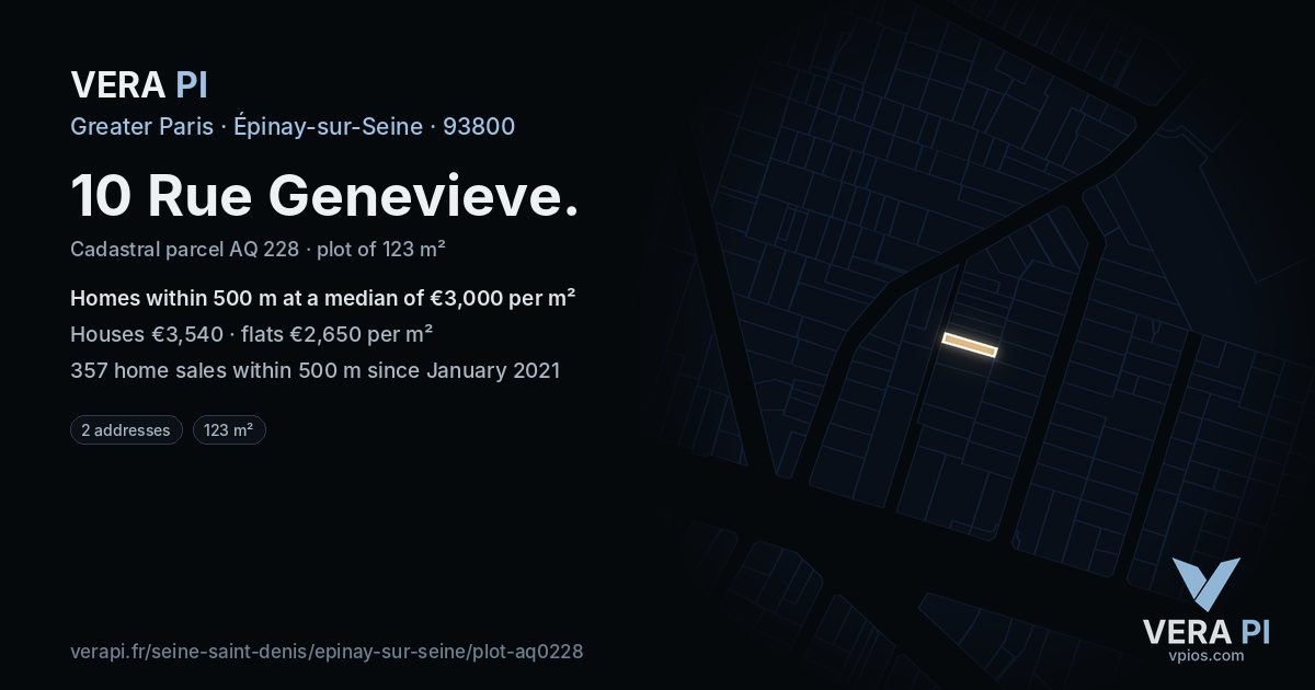 10 Rue Genevieve, Épinay-sur-Seine at night – the plot lit, the parcels around coloured by the prices near them