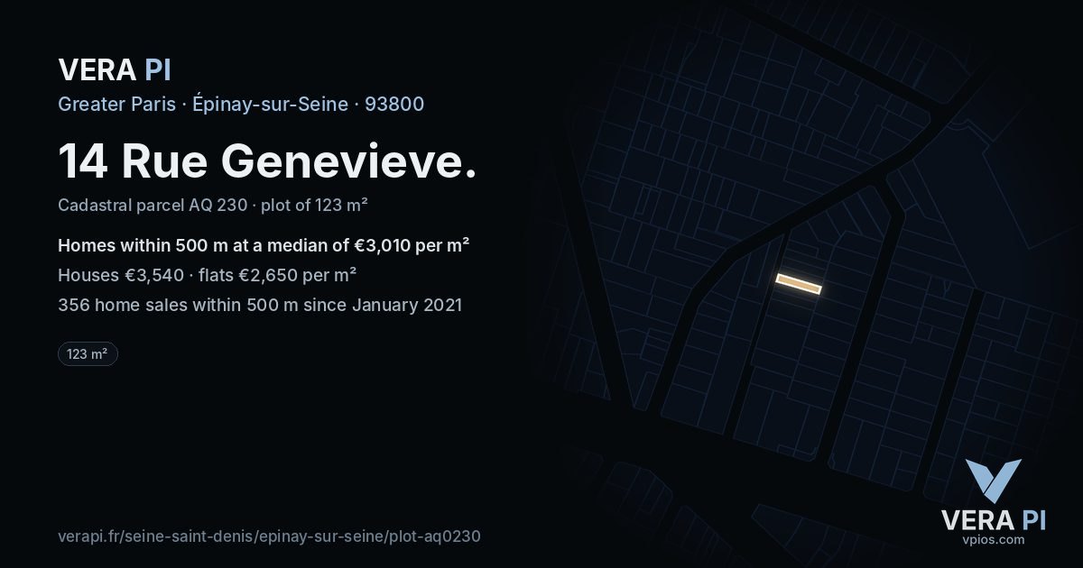 14 Rue Genevieve, Épinay-sur-Seine at night – the plot lit, the parcels around coloured by the prices near them