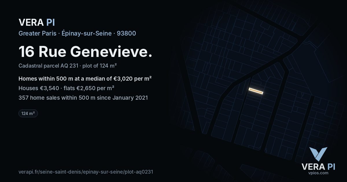 16 Rue Genevieve, Épinay-sur-Seine at night – the plot lit, the parcels around coloured by the prices near them