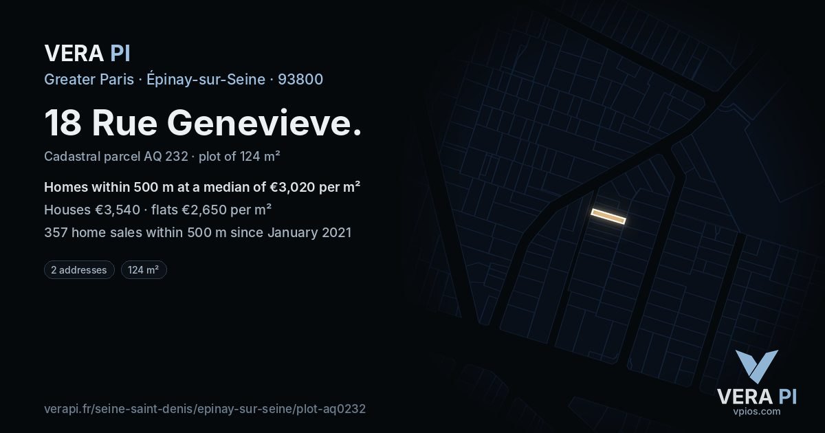 18 Rue Genevieve, Épinay-sur-Seine at night – the plot lit, the parcels around coloured by the prices near them