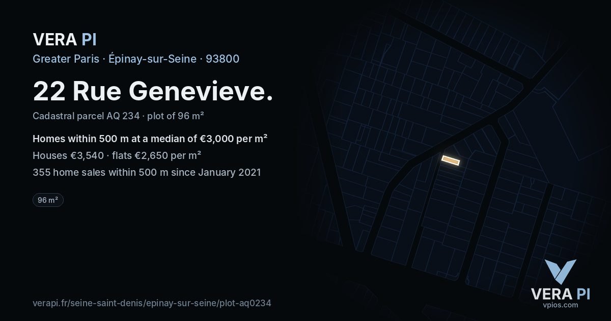 22 Rue Genevieve, Épinay-sur-Seine at night – the plot lit, the parcels around coloured by the prices near them