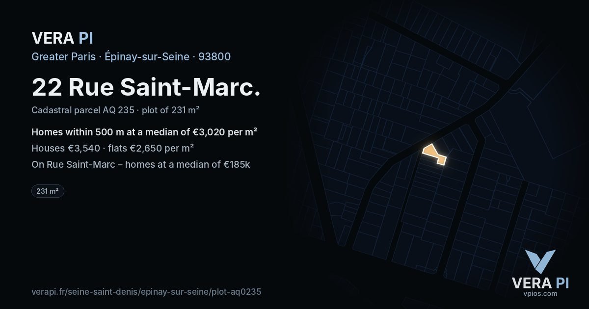 22 Rue Saint-Marc, Épinay-sur-Seine at night – the plot lit, the parcels around coloured by the prices near them