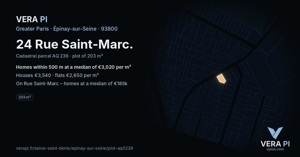 24 Rue Saint-Marc, Épinay-sur-Seine at night – the plot lit, the parcels around coloured by the prices near them