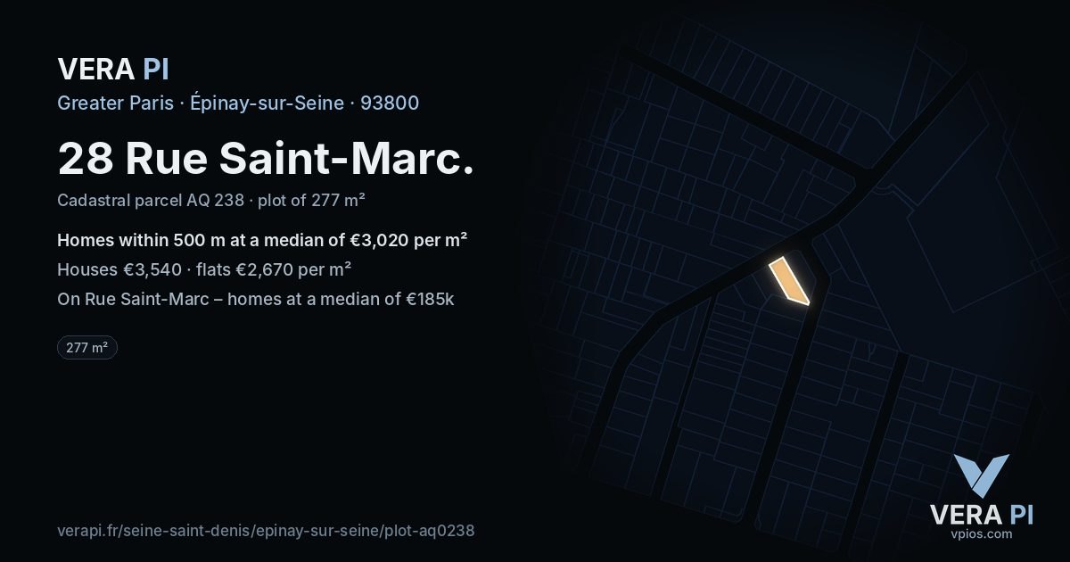 28 Rue Saint-Marc, Épinay-sur-Seine at night – the plot lit, the parcels around coloured by the prices near them