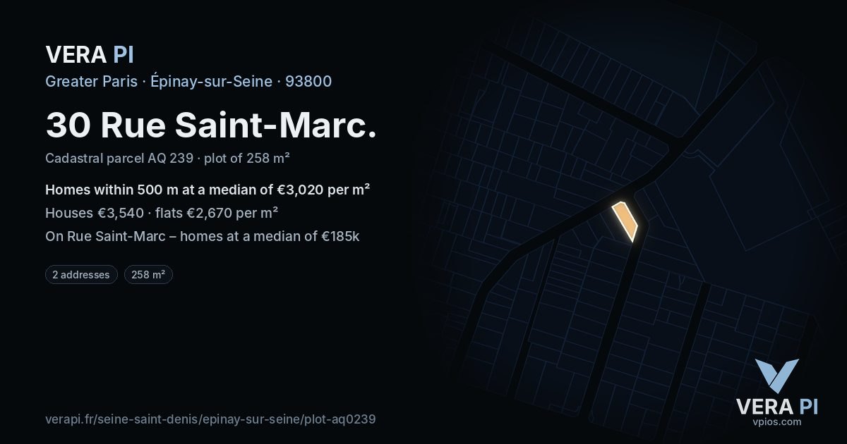 30 Rue Saint-Marc, Épinay-sur-Seine at night – the plot lit, the parcels around coloured by the prices near them