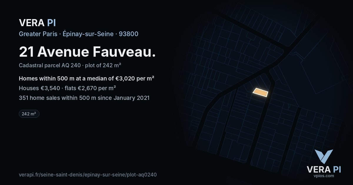 21 Avenue Fauveau, Épinay-sur-Seine at night – the plot lit, the parcels around coloured by the prices near them