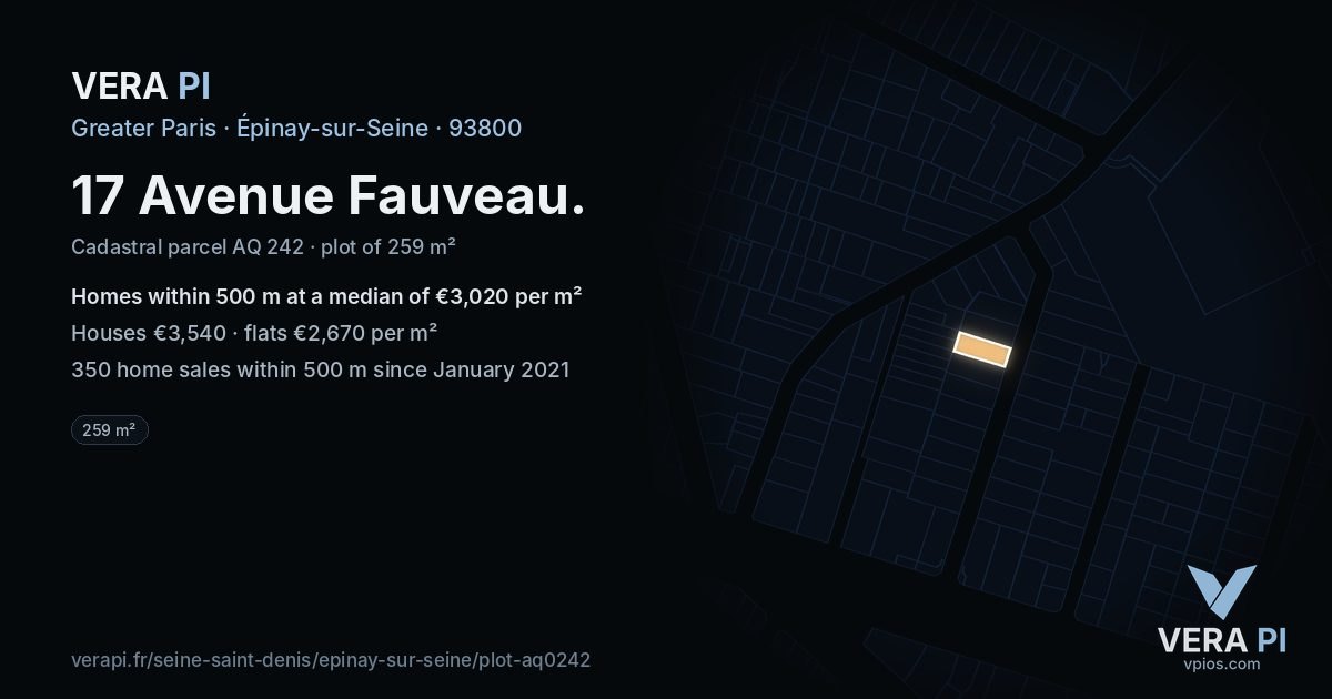 17 Avenue Fauveau, Épinay-sur-Seine at night – the plot lit, the parcels around coloured by the prices near them