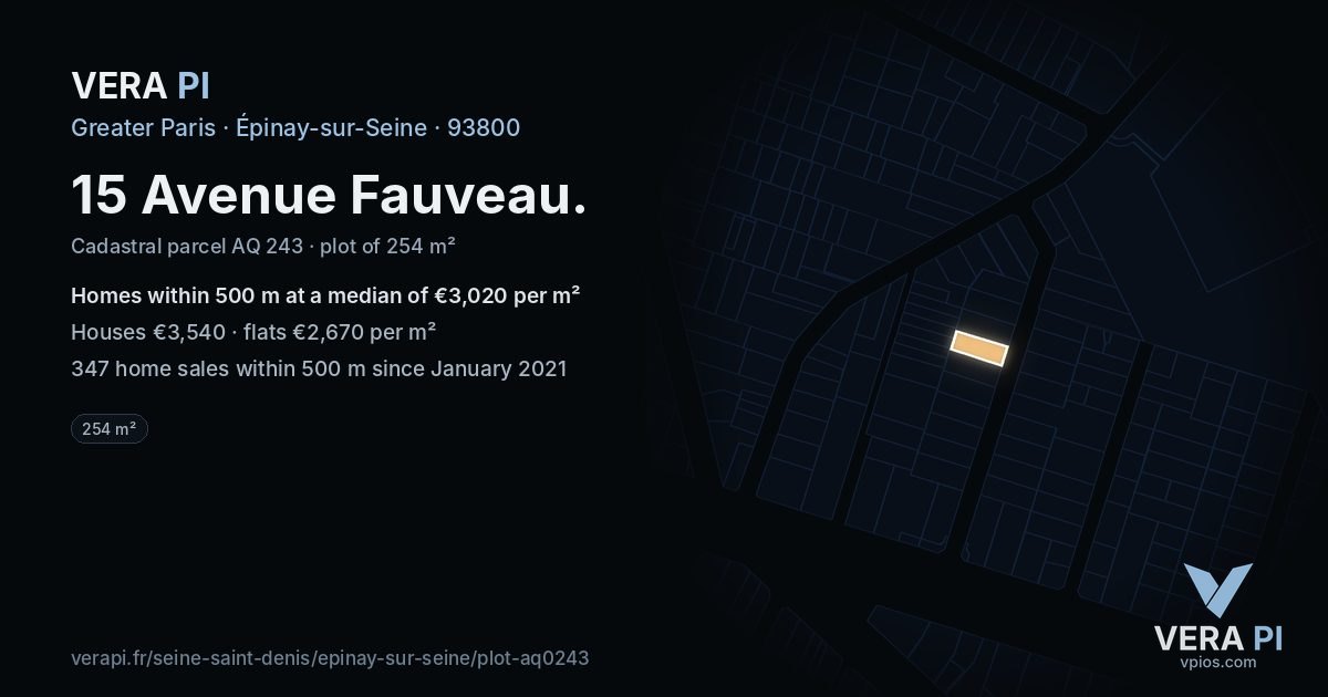 15 Avenue Fauveau, Épinay-sur-Seine at night – the plot lit, the parcels around coloured by the prices near them