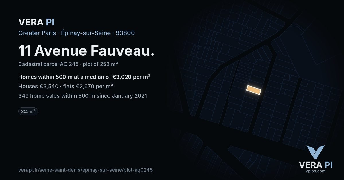 11 Avenue Fauveau, Épinay-sur-Seine at night – the plot lit, the parcels around coloured by the prices near them