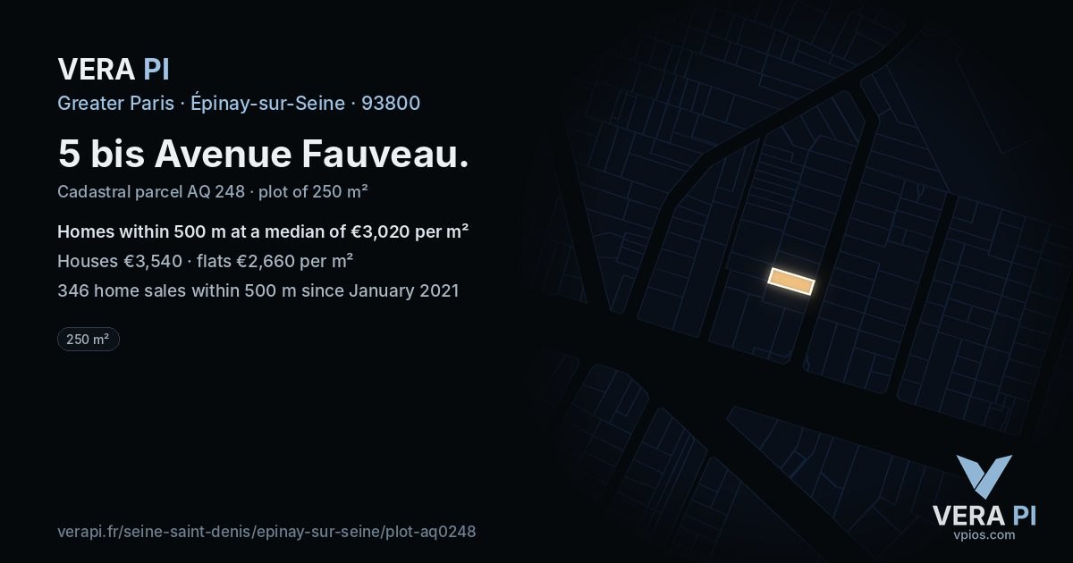 5 bis Avenue Fauveau, Épinay-sur-Seine at night – the plot lit, the parcels around coloured by the prices near them
