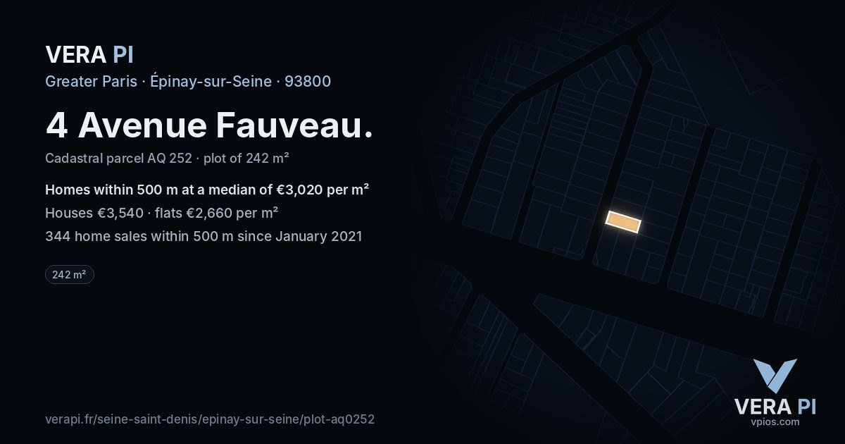 4 Avenue Fauveau, Épinay-sur-Seine at night – the plot lit, the parcels around coloured by the prices near them