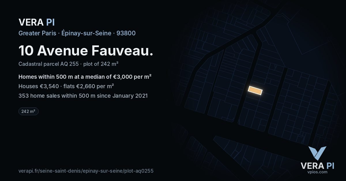 10 Avenue Fauveau, Épinay-sur-Seine at night – the plot lit, the parcels around coloured by the prices near them