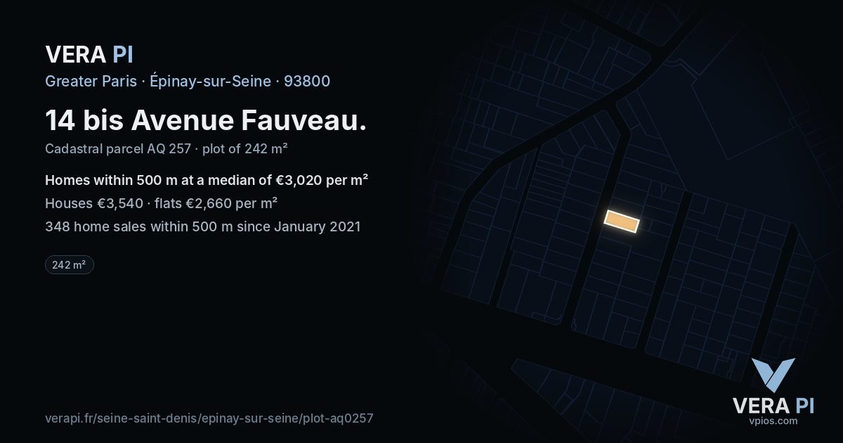 14 bis Avenue Fauveau, Épinay-sur-Seine at night – the plot lit, the parcels around coloured by the prices near them