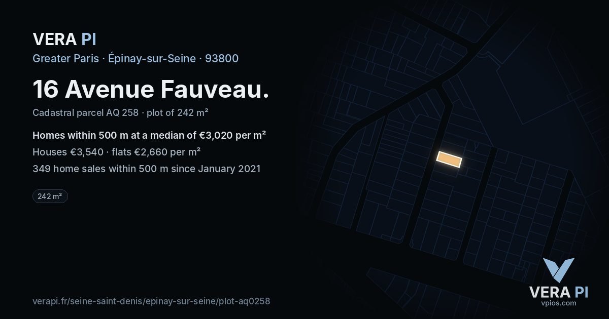 16 Avenue Fauveau, Épinay-sur-Seine at night – the plot lit, the parcels around coloured by the prices near them