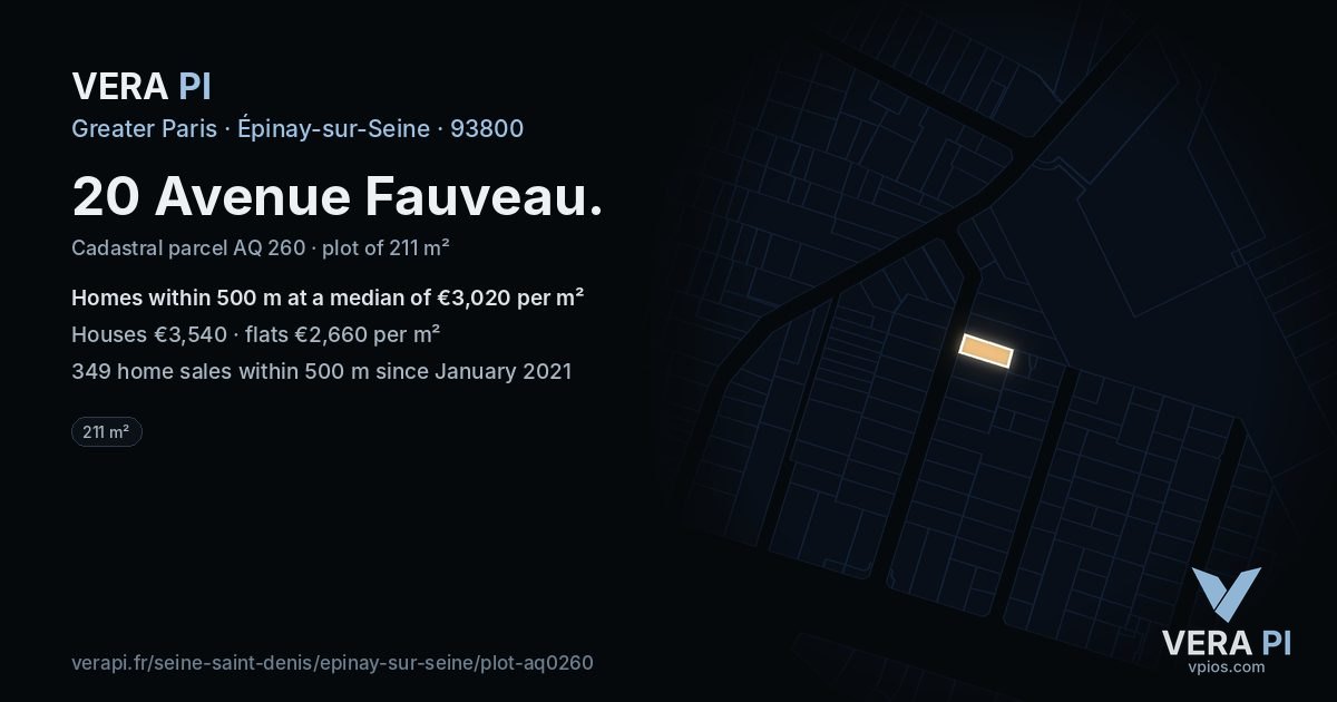 20 Avenue Fauveau, Épinay-sur-Seine at night – the plot lit, the parcels around coloured by the prices near them