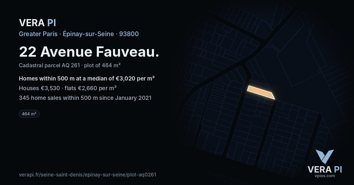22 Avenue Fauveau, Épinay-sur-Seine at night – the plot lit, the parcels around coloured by the prices near them
