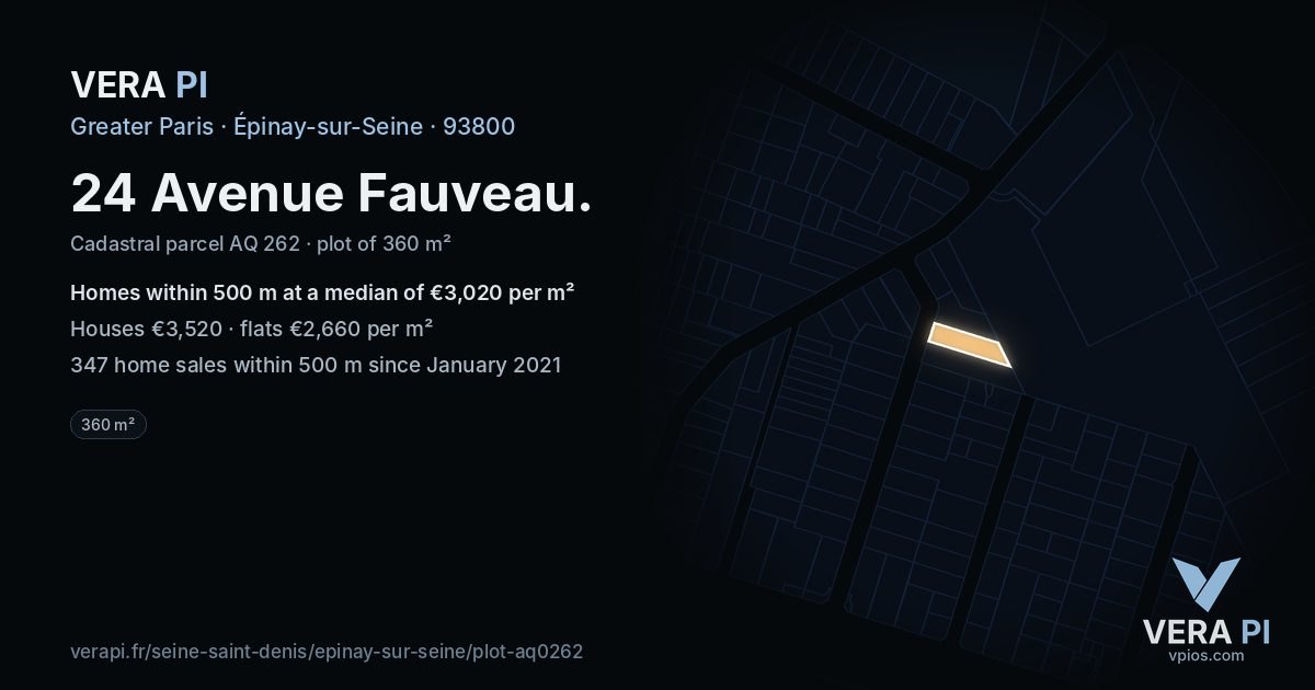 24 Avenue Fauveau, Épinay-sur-Seine at night – the plot lit, the parcels around coloured by the prices near them