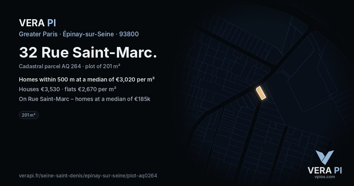 32 Rue Saint-Marc, Épinay-sur-Seine at night – the plot lit, the parcels around coloured by the prices near them