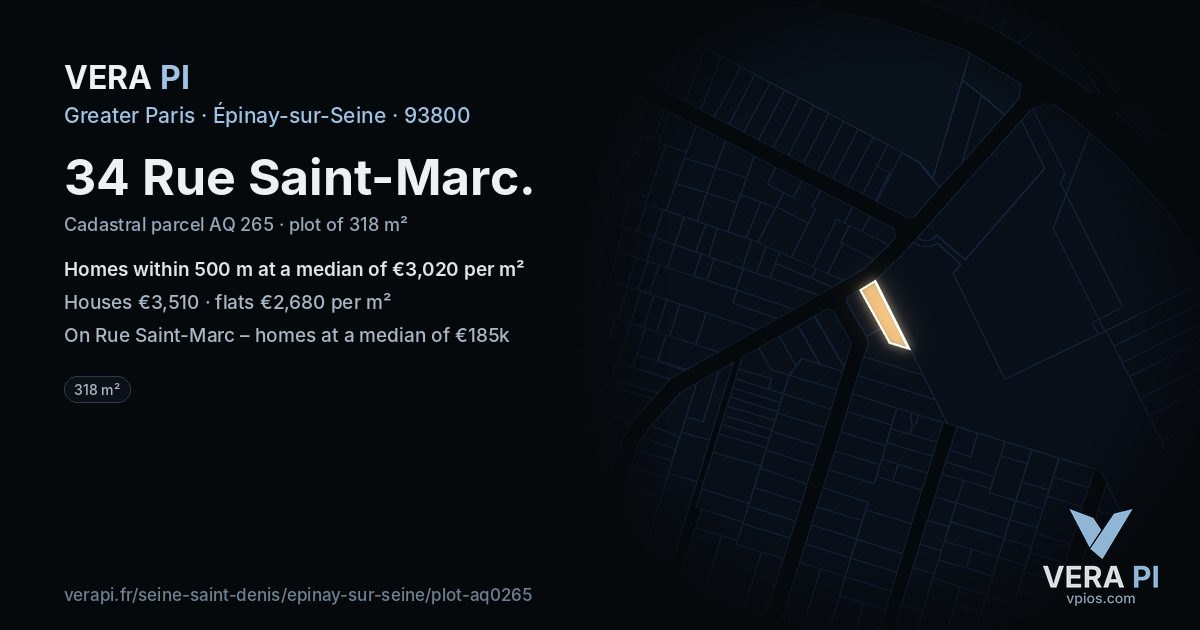 34 Rue Saint-Marc, Épinay-sur-Seine at night – the plot lit, the parcels around coloured by the prices near them