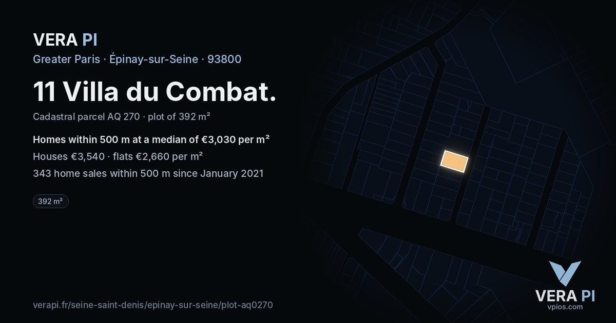 11 Villa du Combat, Épinay-sur-Seine at night – the plot lit, the parcels around coloured by the prices near them