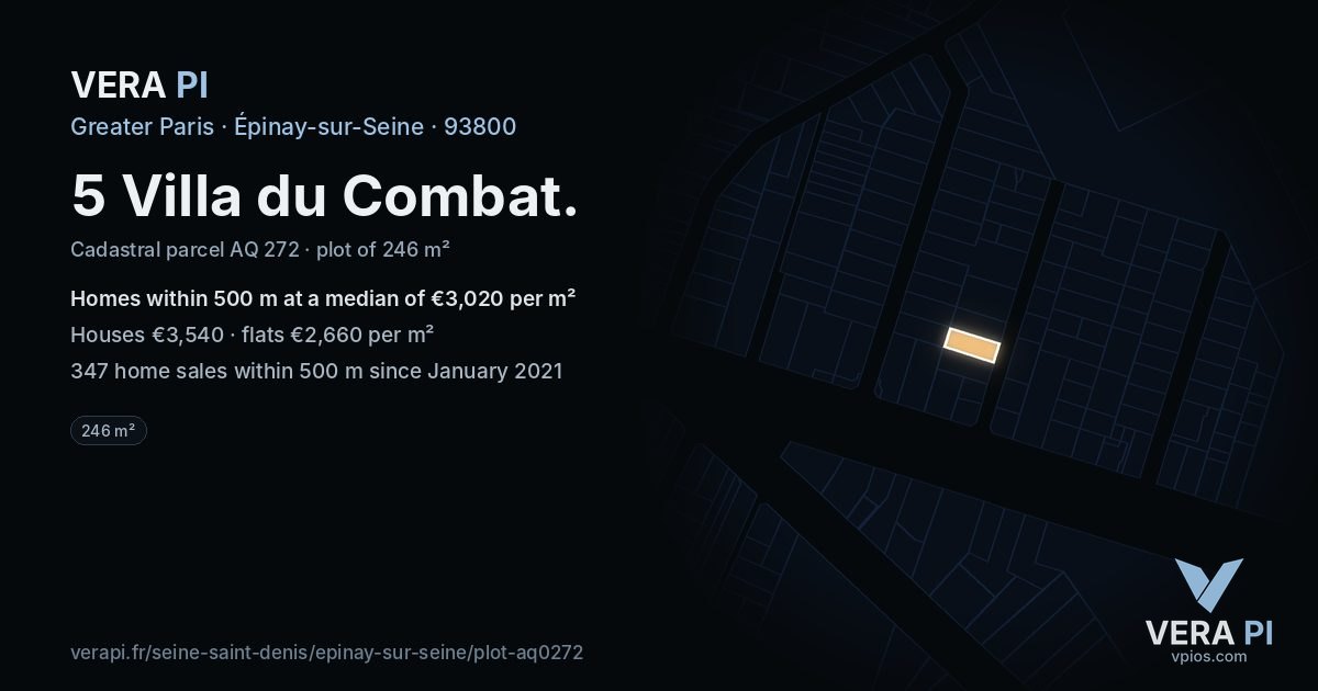 5 Villa du Combat, Épinay-sur-Seine at night – the plot lit, the parcels around coloured by the prices near them