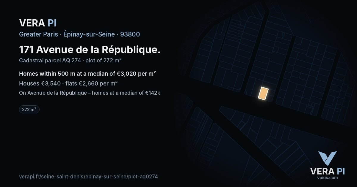 171 Avenue de la République, Épinay-sur-Seine at night – the plot lit, the parcels around coloured by the prices near them