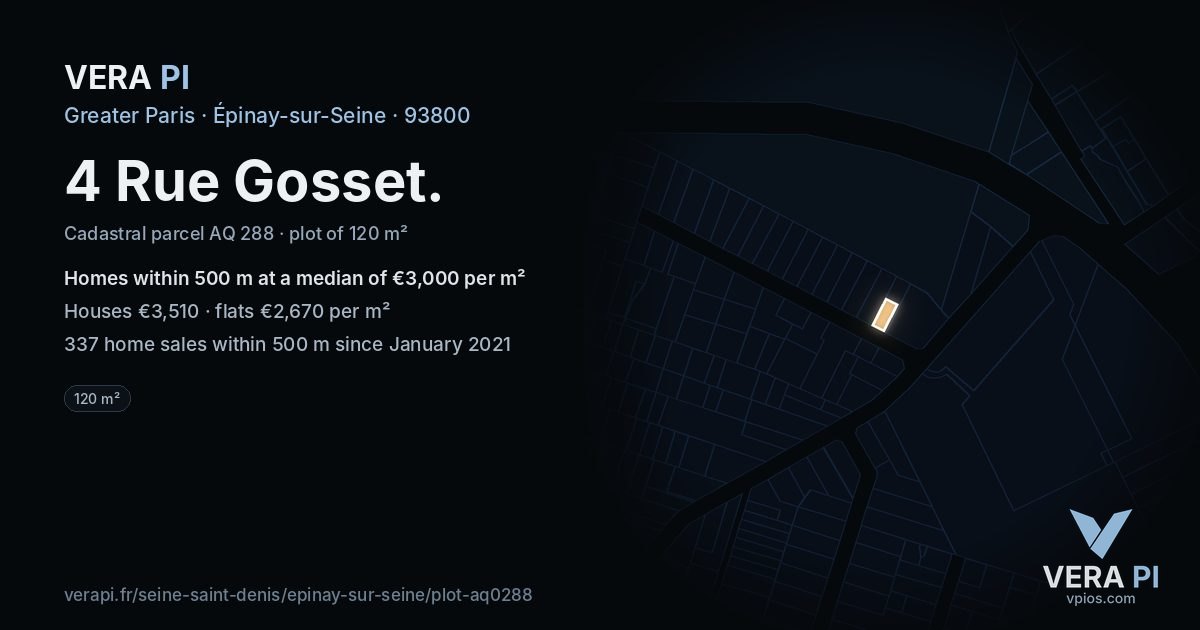 4 Rue Gosset, Épinay-sur-Seine at night – the plot lit, the parcels around coloured by the prices near them