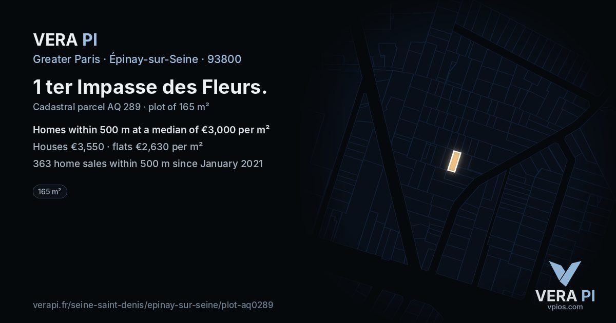 1 ter Impasse des Fleurs, Épinay-sur-Seine at night – the plot lit, the parcels around coloured by the prices near them