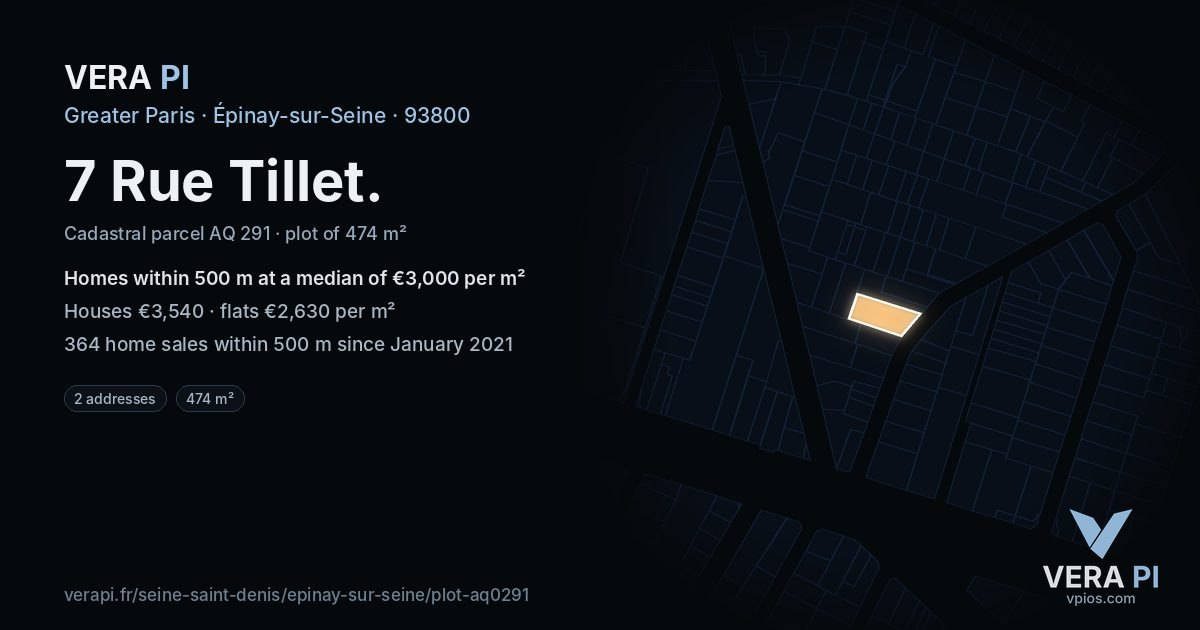 7 Rue Tillet, Épinay-sur-Seine at night – the plot lit, the parcels around coloured by the prices near them