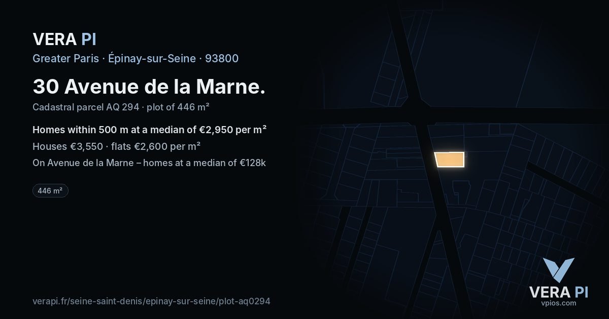 30 Avenue de la Marne, Épinay-sur-Seine at night – the plot lit, the parcels around coloured by the prices near them