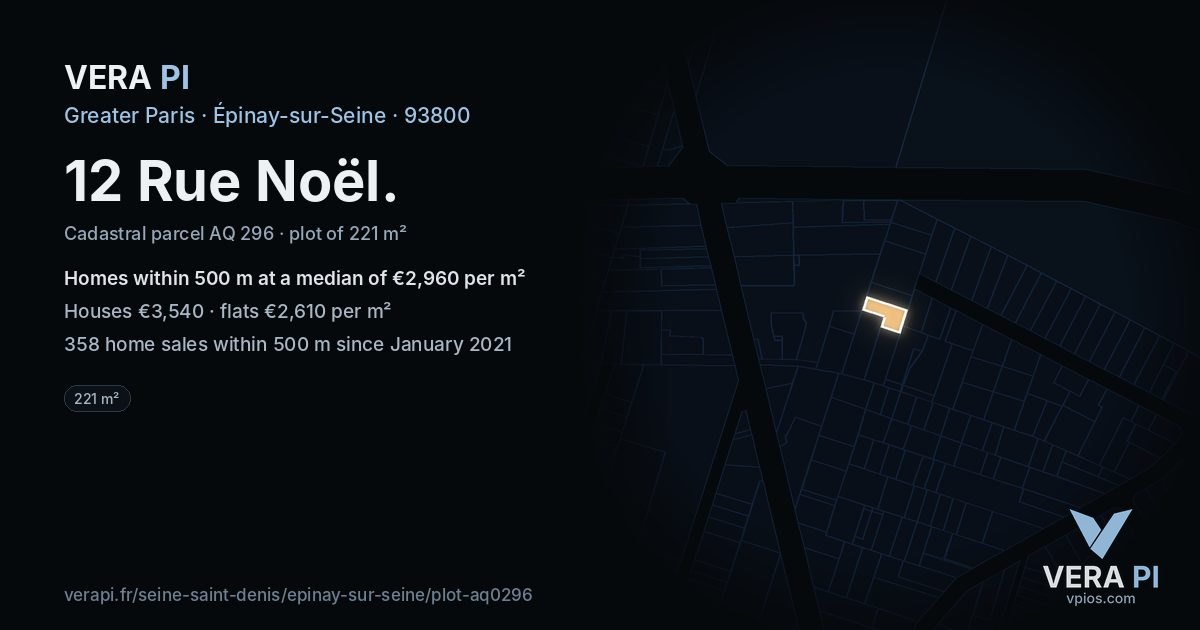 12 Rue Noël, Épinay-sur-Seine at night – the plot lit, the parcels around coloured by the prices near them