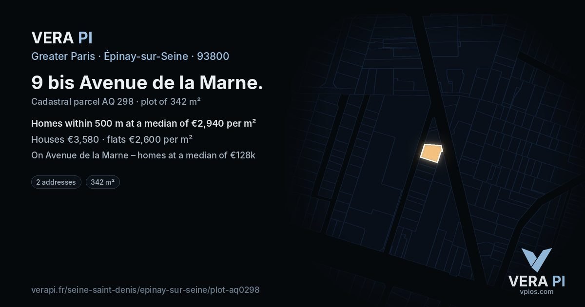 9 bis Avenue de la Marne, Épinay-sur-Seine at night – the plot lit, the parcels around coloured by the prices near them