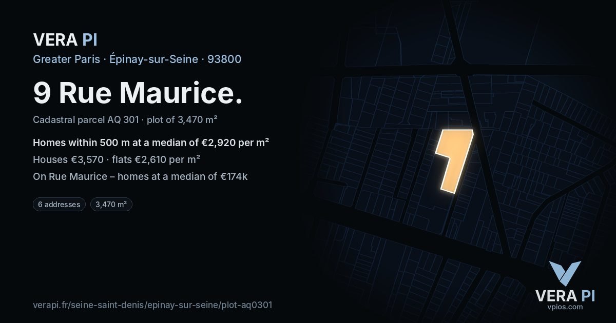 9 Rue Maurice, Épinay-sur-Seine at night – the plot lit, the parcels around coloured by the prices near them
