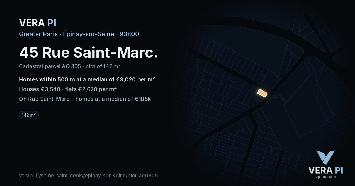 45 Rue Saint-Marc, Épinay-sur-Seine at night – the plot lit, the parcels around coloured by the prices near them