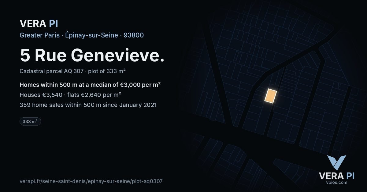 5 Rue Genevieve, Épinay-sur-Seine at night – the plot lit, the parcels around coloured by the prices near them