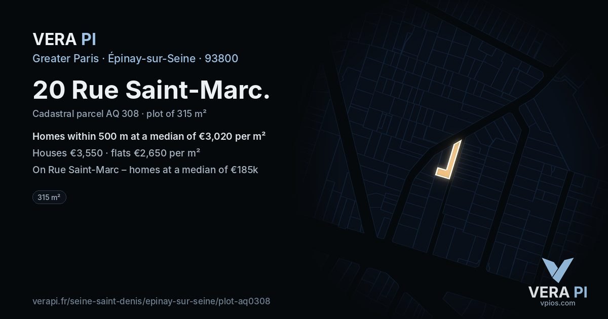 20 Rue Saint-Marc, Épinay-sur-Seine at night – the plot lit, the parcels around coloured by the prices near them