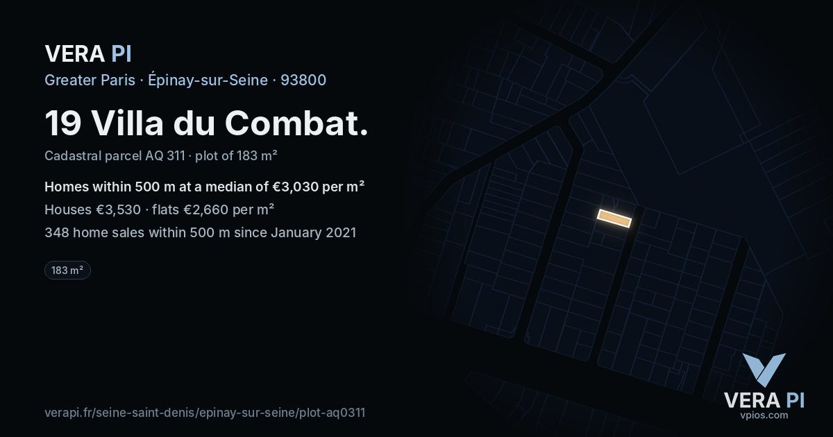19 Villa du Combat, Épinay-sur-Seine at night – the plot lit, the parcels around coloured by the prices near them